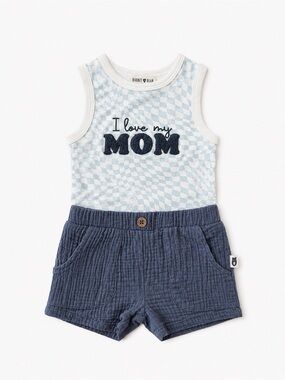Rabbit + Bear "I Love My Mom" Blue Tank and Shorts Set